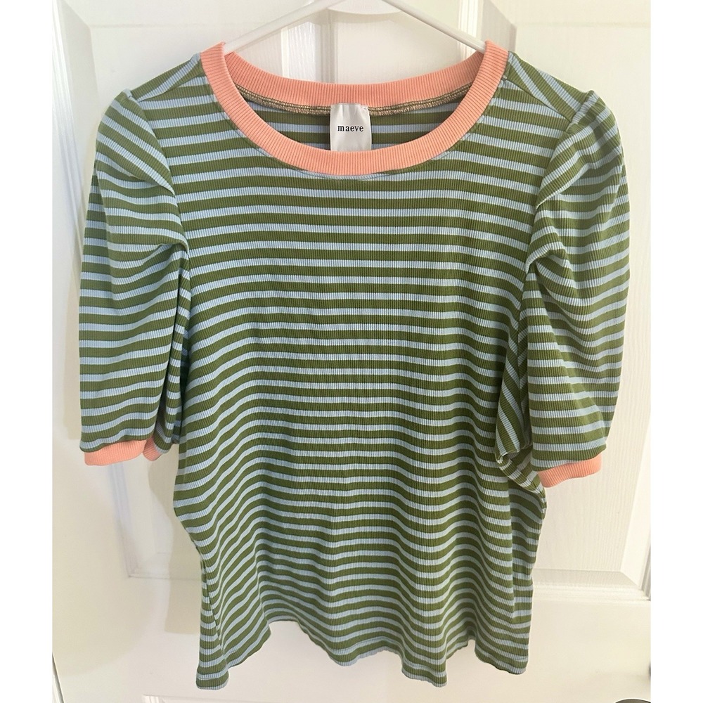 Maeve Women's Green Blue Preppy Striped Puff Sleeve Crew Neck Tee Top Size 1X